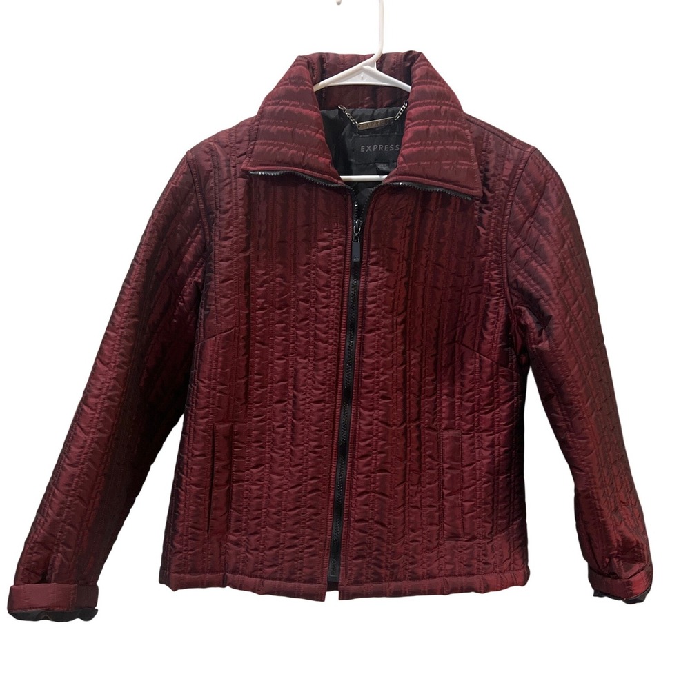 Express Womens Quilted Jacket Burgundy Red Full Zip Water Resistant Puffer M